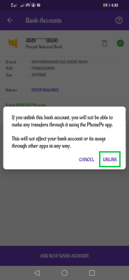 how to delete bank account in Phonepe wallet